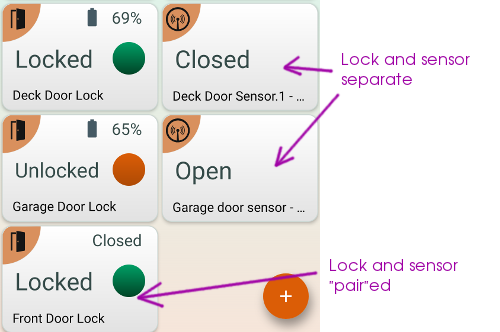 Two locks and sensors unpaired display as separate devices by default, and one lock-sensor pair displayed merged together if paired
